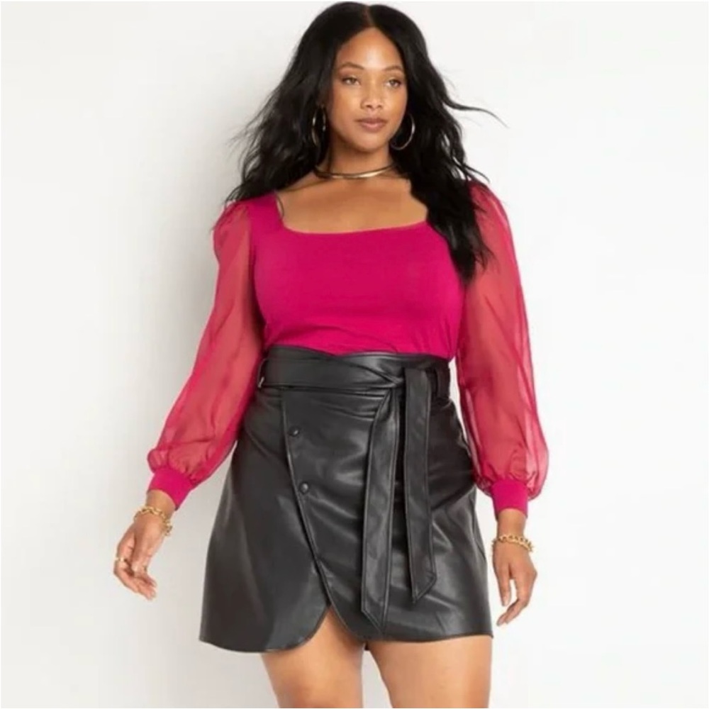 Eloquii Raspberry Square Neck Sheer Sleeve Top